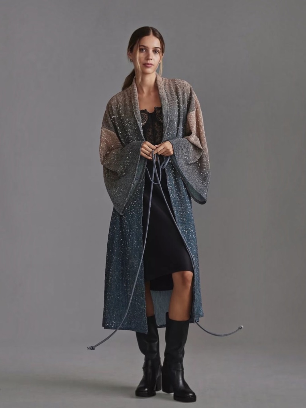 Anthropologie Ombre Shine Sequin Duster Cardigan Gray Blue One Size